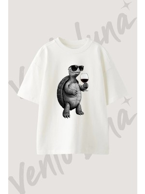 Kaplumbaga Sarap Tasarım Baskılı Unisex Oversize Kalıp Beyaz Tshirt