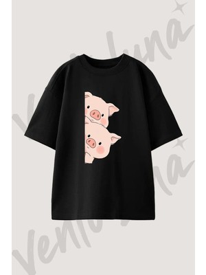 Cizgi Domuz Tasarım Baskılı Unisex Oversize Kalıp Siyah Tshirt