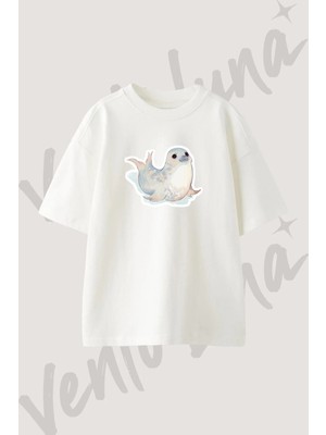 Baby Seal Tasarım Baskılı Unisex Oversize Kalıp Beyaz Tshirt