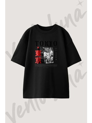 Tokyo Street_1 Tasarım Baskılı Unisex Oversize Kalıp Siyah Tshirt