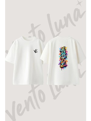 Hustle Graffiti Tasarım Sırt Baskılı Pamuk Beyaz Oversize T-Shirt