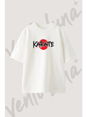Karate Tasarım Baskılı Unisex Oversize Kalıp Beyaz Tshirt