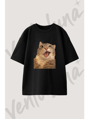 Cat Tongue Out Tasarım Baskılı Unisex Oversize Kalıp Siyah Tshirt