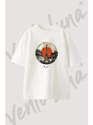 Eiffel Tower Red Sun Tasarım Baskılı Unisex Oversize Kalıp Beyaz Tshirt