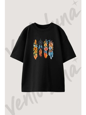 Dreamcatcher Sunflowers Tasarım Baskılı Unisex Oversize Kalıp Siyah Tshirt