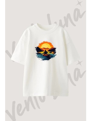 Kayak Gunbatimi Tasarım Baskılı Unisex Oversize Kalıp Beyaz Tshirt