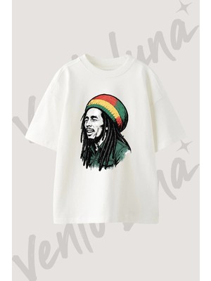 Bob Marley_3 Tasarım Baskılı Unisex Oversize Kalıp Beyaz Tshirt