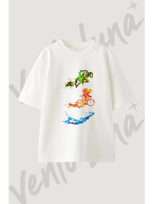 Triatlon Splash Tasarım Baskılı Unisex Oversize Kalıp Beyaz Tshirt