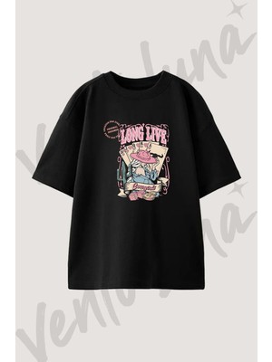 Cowgirl Poker Tasarım Baskılı Unisex Oversize Kalıp Siyah Tshirt