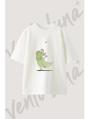 Timsah Badminton Tasarım Baskılı Unisex Oversize Kalıp Beyaz Tshirt