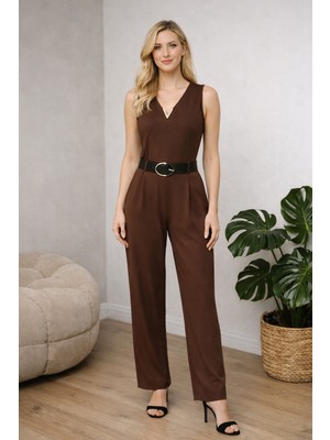 Lifera Butik Lifera V Yaka Aksesuar Detaylı Kemerli Kolsuz Tulum