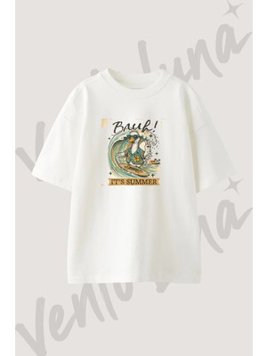 Sorfcu Ordek Tasarım Baskılı Unisex Oversize Kalıp Beyaz Tshirt