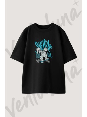 Street Skater Tasarım Baskılı Unisex Oversize Kalıp Siyah Tshirt