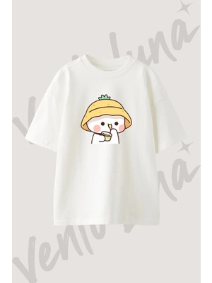 Kawaii Patates Tasarım Baskılı Unisex Oversize Kalıp Beyaz Tshirt