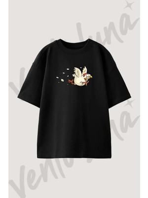Kosan Tavuk Tasarım Baskılı Unisex Oversize Kalıp Siyah Tshirt