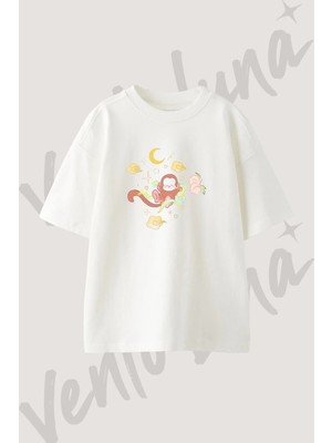 Sun Wukong Tasarım Baskılı Unisex Oversize Kalıp Beyaz Tshirt