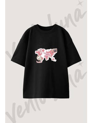 Travel World Map Tasarım Baskılı Unisex Oversize Kalıp Siyah Tshirt