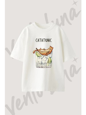 Cat Gin Tonic Tasarım Baskılı Unisex Oversize Kalıp Beyaz Tshirt
