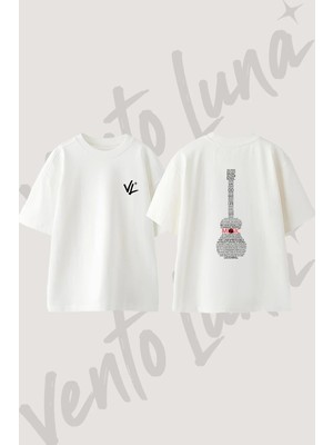 Music Guitar_1 Tasarım Sırt Baskılı Pamuk Beyaz Oversize T-Shirt