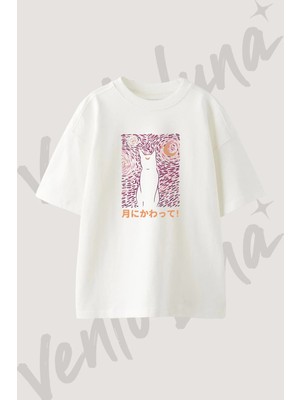 Sailor Moon Luna Tasarım Baskılı Unisex Oversize Kalıp Beyaz Tshirt