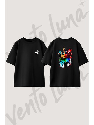 Graffiti Crown Tasarım Sırt Baskılı Pamuk Siyah Oversize T-Shirt