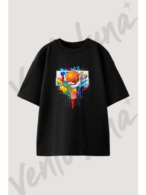 Basketbol Sıçrama Tasarım Baskılı Unisex Oversize Kalıp Siyah Tshirt