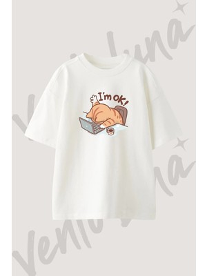 Yorgun Kedi Tasarım Baskılı Unisex Oversize Kalıp Beyaz Tshirt