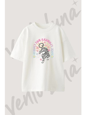 Retro Tiger Tasarım Baskılı Unisex Oversize Kalıp Beyaz Tshirt