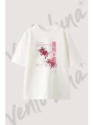 Spider Lily Tasarım Baskılı Unisex Oversize Kalıp Beyaz Tshirt