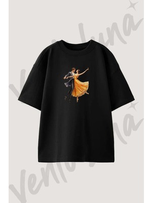 Bale Cifti Tasarım Baskılı Unisex Oversize Kalıp Siyah Tshirt