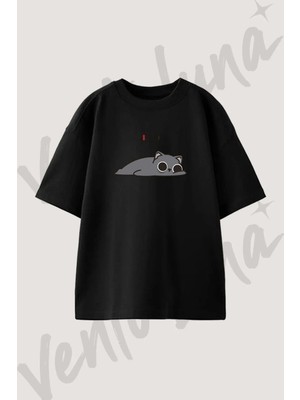 Kedi Pil Tasarım Baskılı Unisex Oversize Kalıp Siyah Tshirt