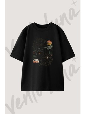 Road Trip Tasarım Baskılı Unisex Oversize Kalıp Siyah Tshirt