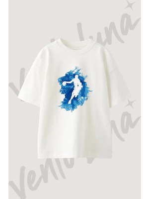 Basketbol Sulu Boya Tasarım Baskılı Unisex Oversize Kalıp Beyaz Tshirt