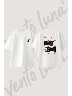 Kara Kedi Kalpler Tasarım Sırt Baskılı Pamuk Beyaz Oversize T-Shirt