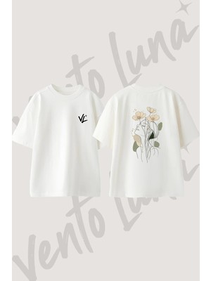 Line Art Kadin Cicek Tasarım Sırt Baskılı Pamuk Beyaz Oversize T-Shirt
