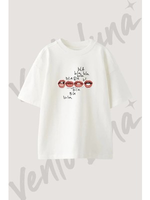 Bla Bla Tasarım Baskılı Unisex Oversize Kalıp Beyaz Tshirt