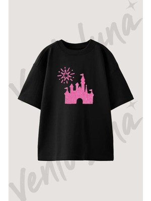 Prenses Kalesi Tasarım Baskılı Unisex Oversize Kalıp Siyah Tshirt