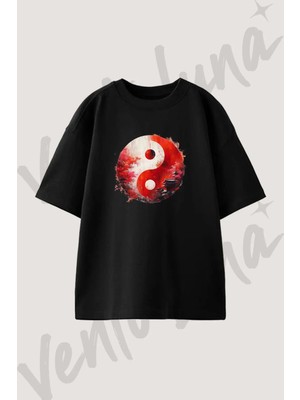 Yin Yang Japon Tasarım Baskılı Unisex Oversize Kalıp Siyah Tshirt