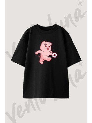 Pig Soccer Tasarım Baskılı Unisex Oversize Kalıp Siyah Tshirt