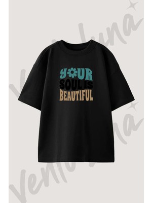 Flower Power Tasarım Baskılı Unisex Oversize Kalıp Siyah Tshirt