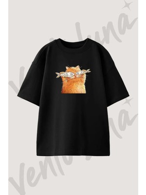 Cartoon Cat Fish Tasarım Baskılı Unisex Oversize Kalıp Siyah Tshirt