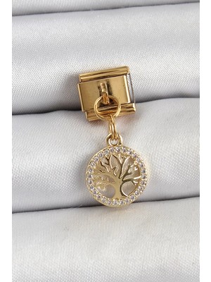 Aydogan's Ayd 316L Çelik Sallantılı Zirkon Taşlı Hayat Ağacı Model Gold Renk Nomination Charm - TJ-BC14