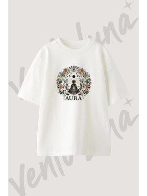 Mistik Meditasyon Tasarım Baskılı Unisex Oversize Kalıp Beyaz Tshirt