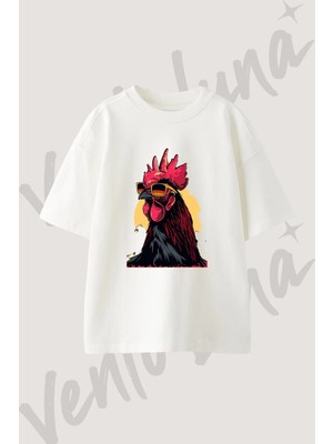 Gozluklu Horoz Tasarım Baskılı Unisex Oversize Kalıp Beyaz Tshirt
