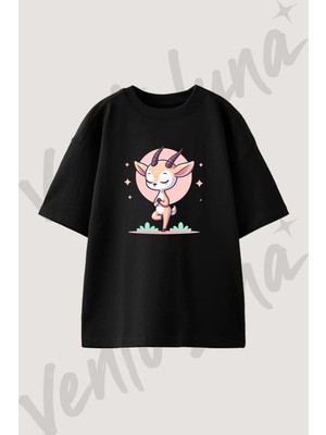 Gazelle Yoga Tasarım Baskılı Unisex Oversize Kalıp Siyah Tshirt