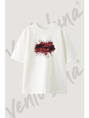 Goz Puskurtme Tasarım Baskılı Unisex Oversize Kalıp Beyaz Tshirt