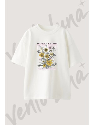 Cicek Kelebek Tasarım Baskılı Unisex Oversize Kalıp Beyaz Tshirt