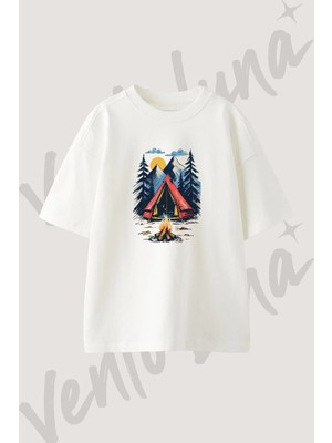 Dag Cadir Atesi Tasarım Baskılı Unisex Oversize Kalıp Beyaz Tshirt