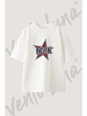 Rock Star Tasarım Baskılı Unisex Oversize Kalıp Beyaz Tshirt