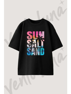 Sun Salt Sand_1 Tasarım Baskılı Unisex Oversize Kalıp Siyah Tshirt